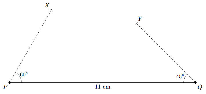 Step 3 Step 3: An angle of 45 degrees is constructed at point Q.